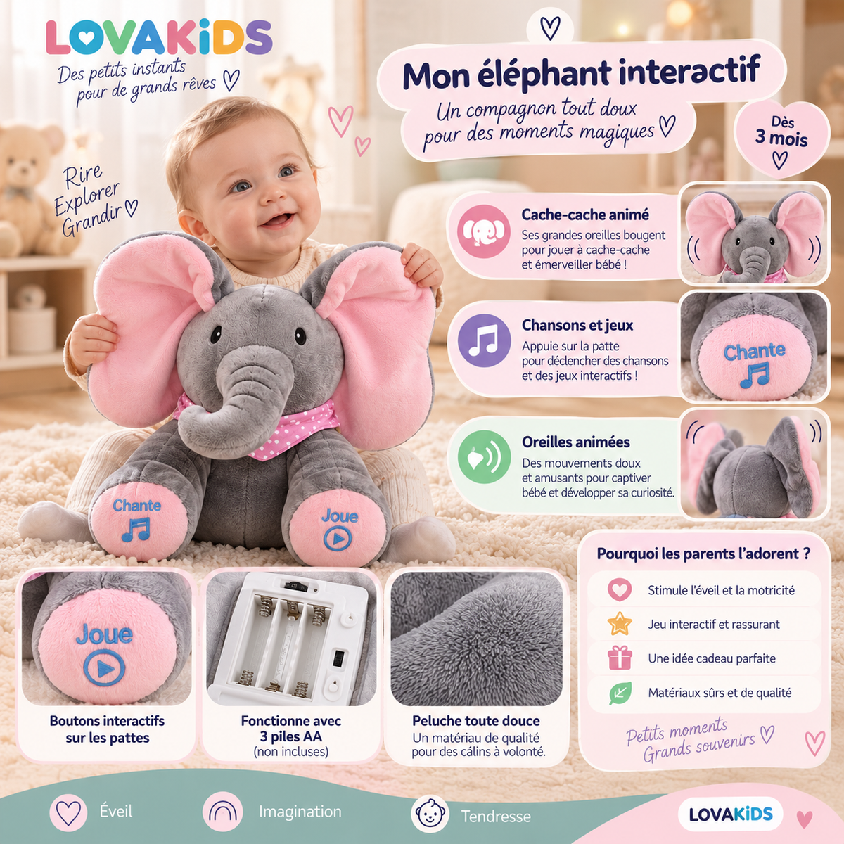 Lova Éléphant™ – La peluche interactive qui joue avec bébé