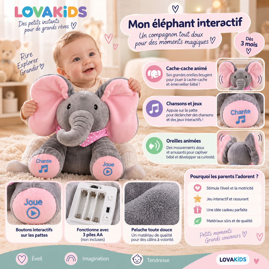 Lova Éléphant™ – La peluche interactive qui joue avec bébé